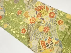 丸文に蝶・花々模様織出し袋帯